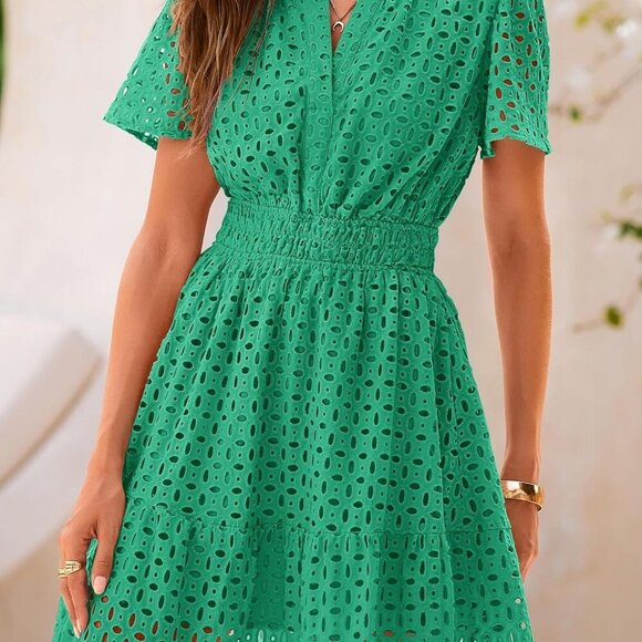 2025 Women Summer Short Dress V Neck Short Sleeve A Line Hollow Out Lace Ruffle - Picture 6 of 8
